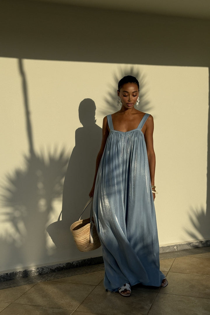 Maxi Vestido Celeste Espalda Descubierta