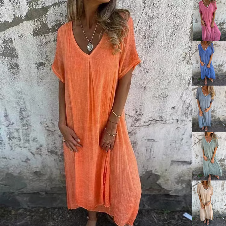 Vestido midi de algodón y lino con cuello en V