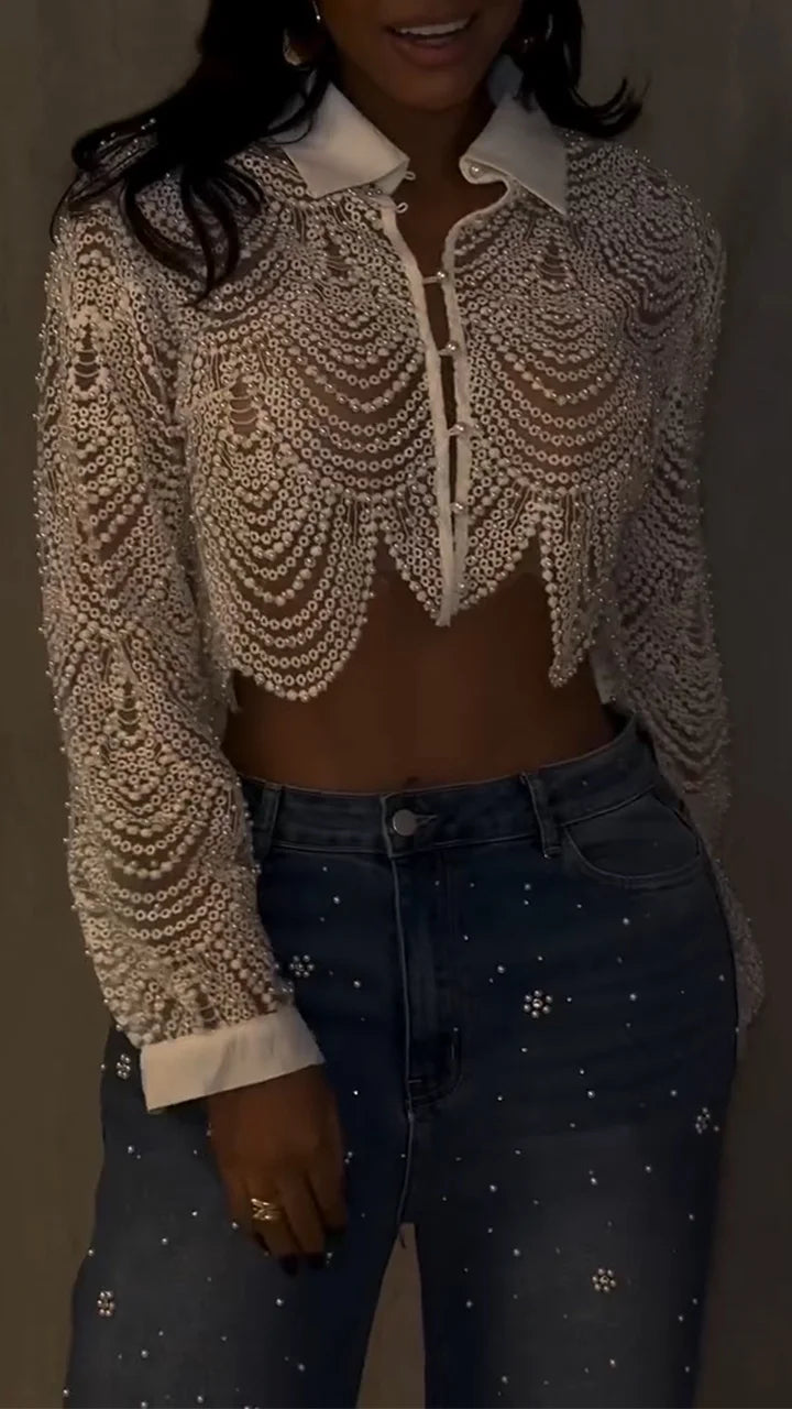 Conjunto  Top de Perlas y Vaqueros