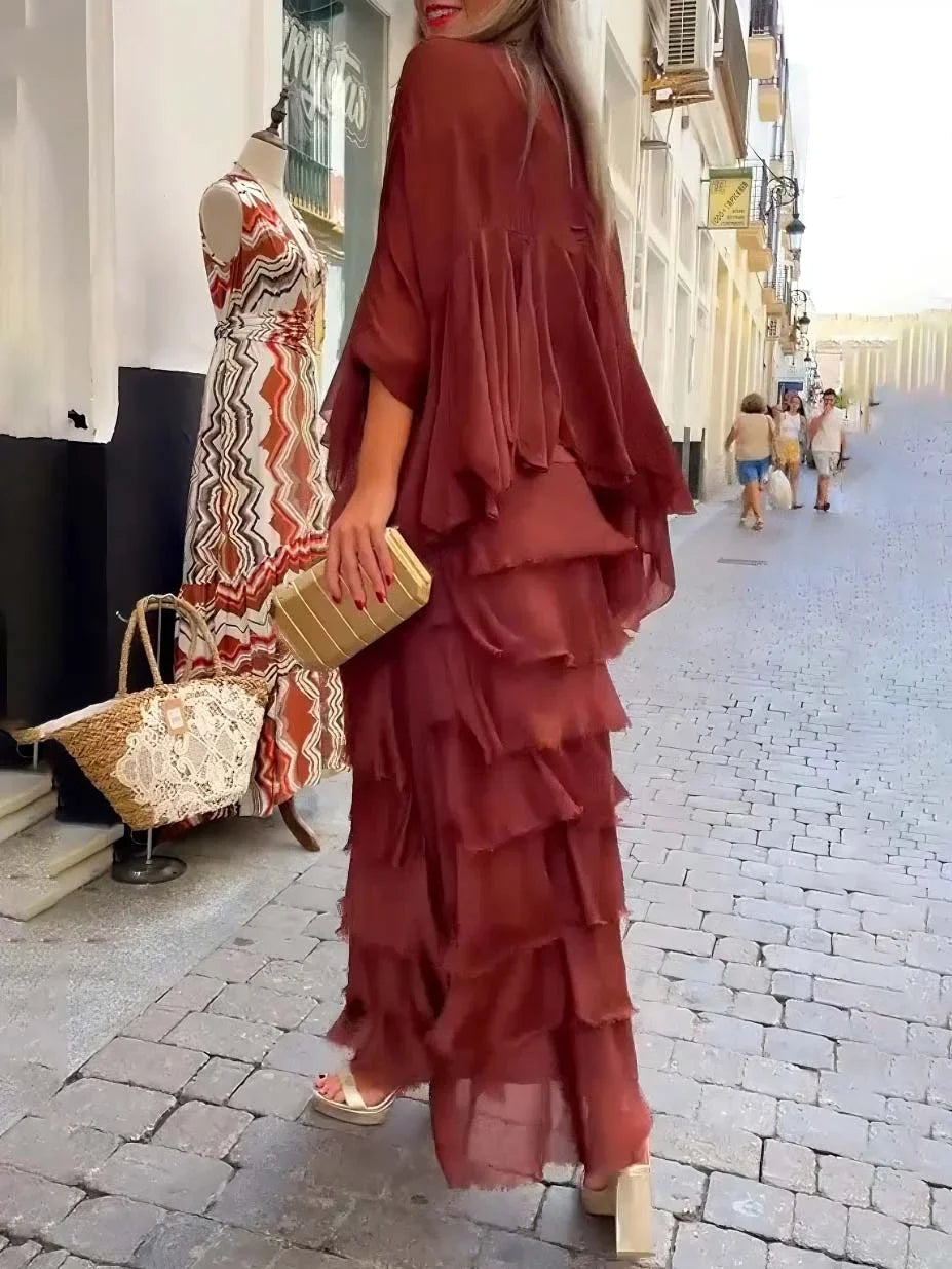 Vestido Asimétrico Con Capas y Volantes