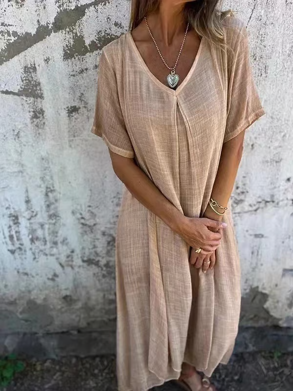 Vestido midi de algodón y lino con cuello en V