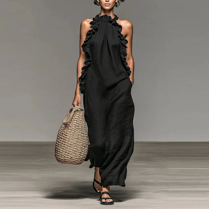 Vestido Largo Bohemio con Cuello Halter y Volantes
