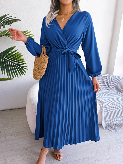 Eva - Vestido Elegante Largo Plisado de Manga Larga con Cuello en V