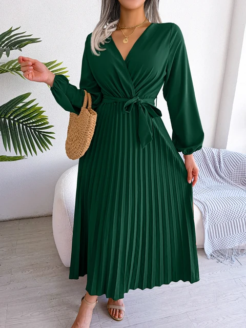 Eva - Vestido Elegante Largo Plisado de Manga Larga con Cuello en V
