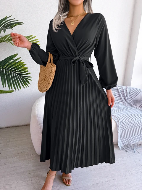Eva - Vestido Elegante Largo Plisado de Manga Larga con Cuello en V