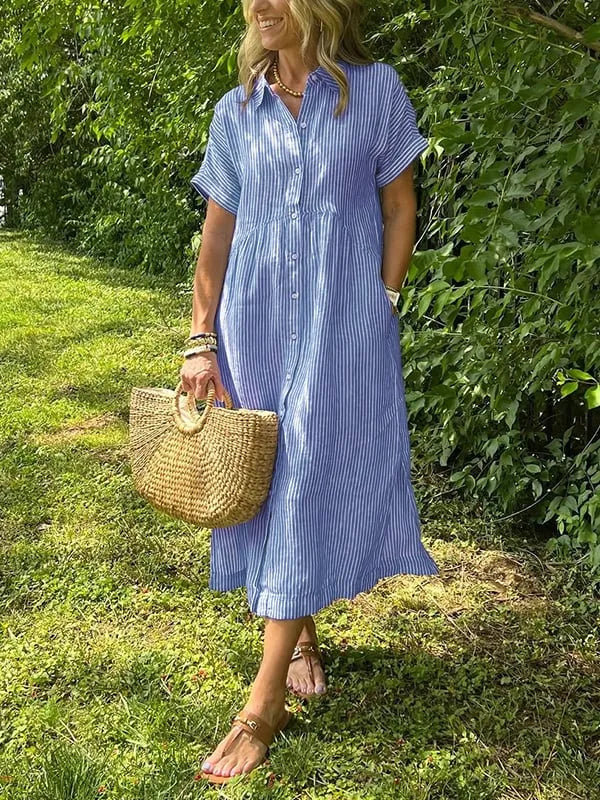 Vestido camisero de rayas con corte relajado y bolsillos laterales