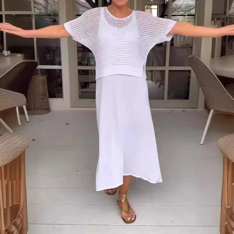 Conjunto de vestido midi con top calado de punto