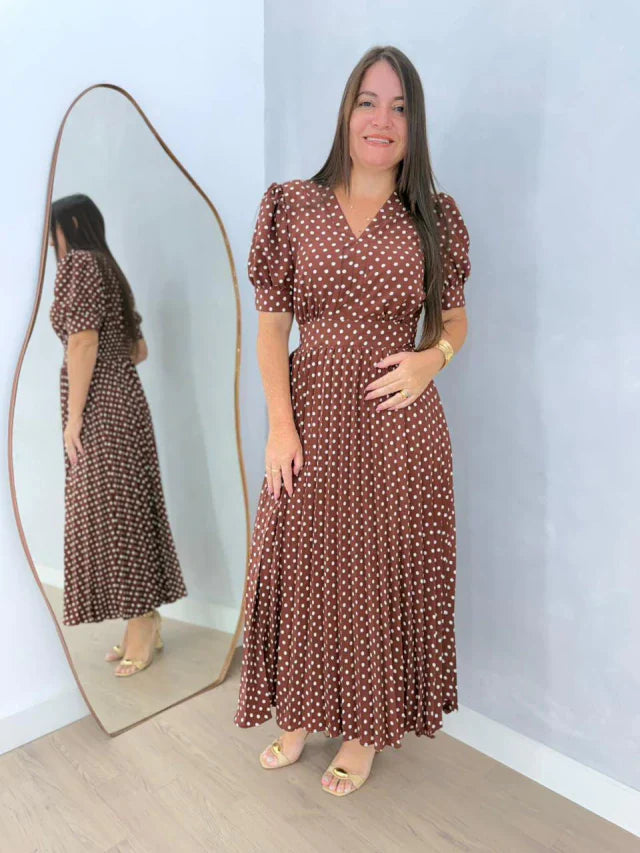 Vestido Plisado Lunares Praliné