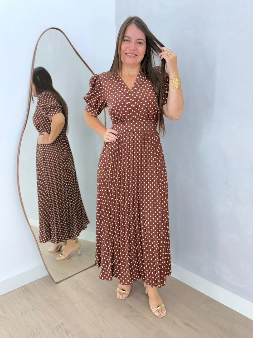Vestido Plisado Lunares Praliné